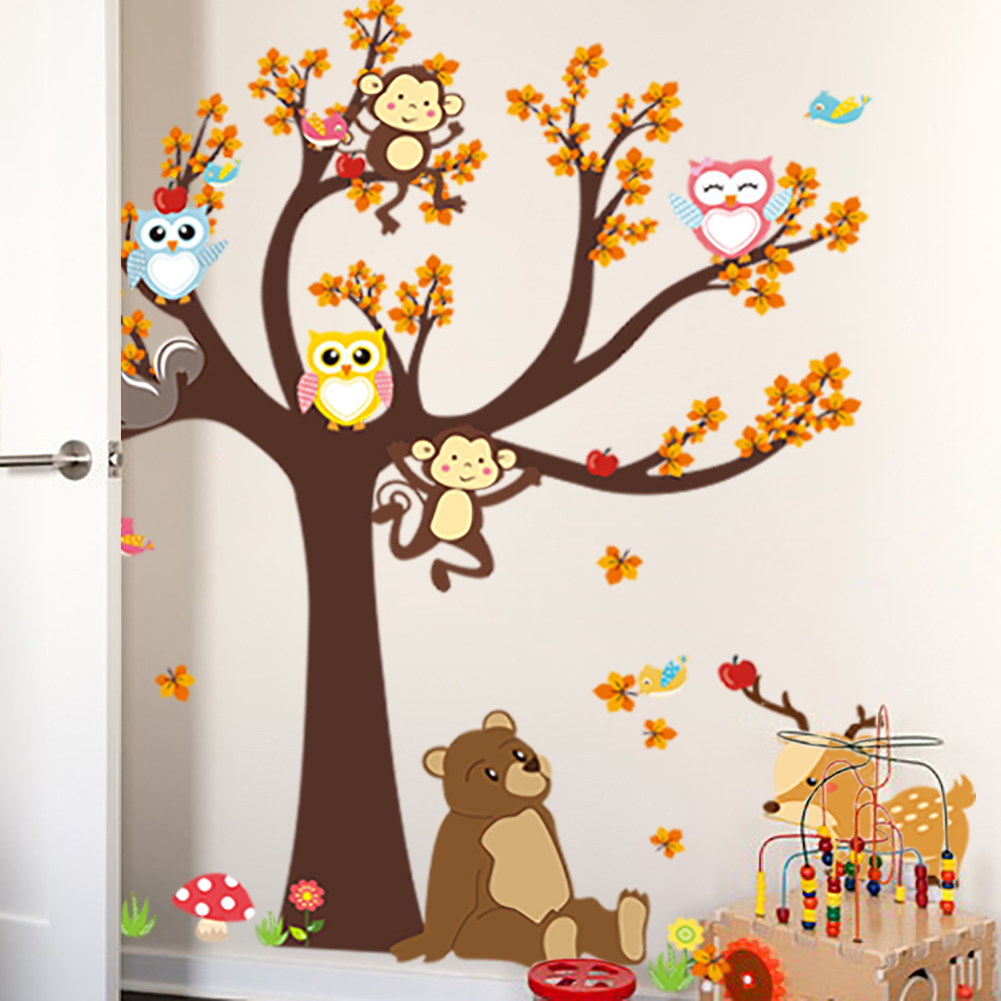 Baby Nursery Wall Mural - Gufo scimmia animali albero cartone animato