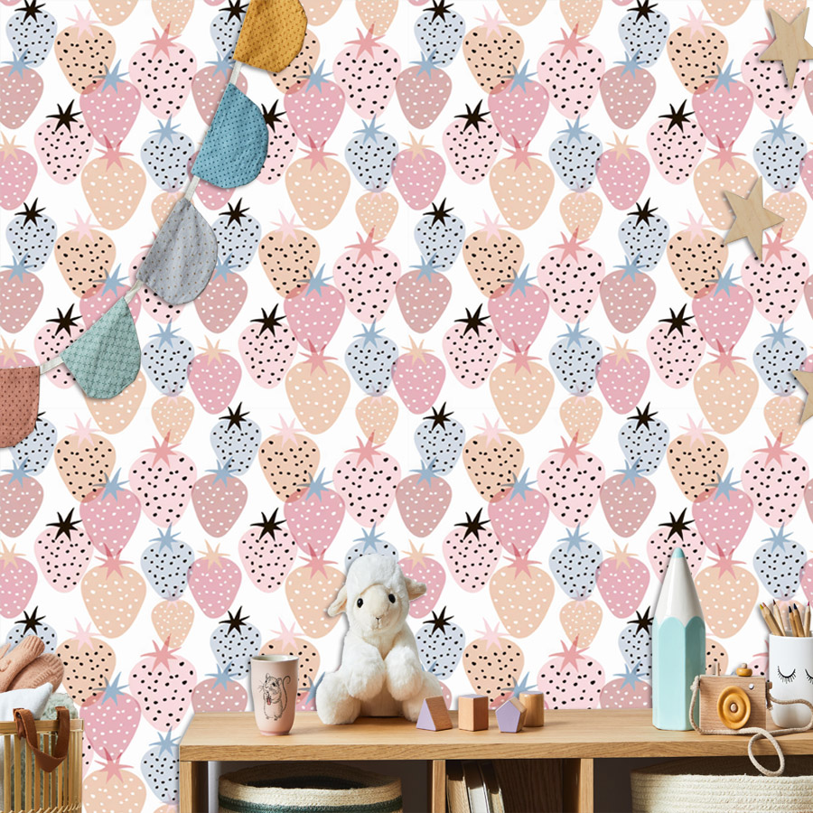 Baby Nursery Wallpaper Girl - Carta da Parati con Motivo Fragola
