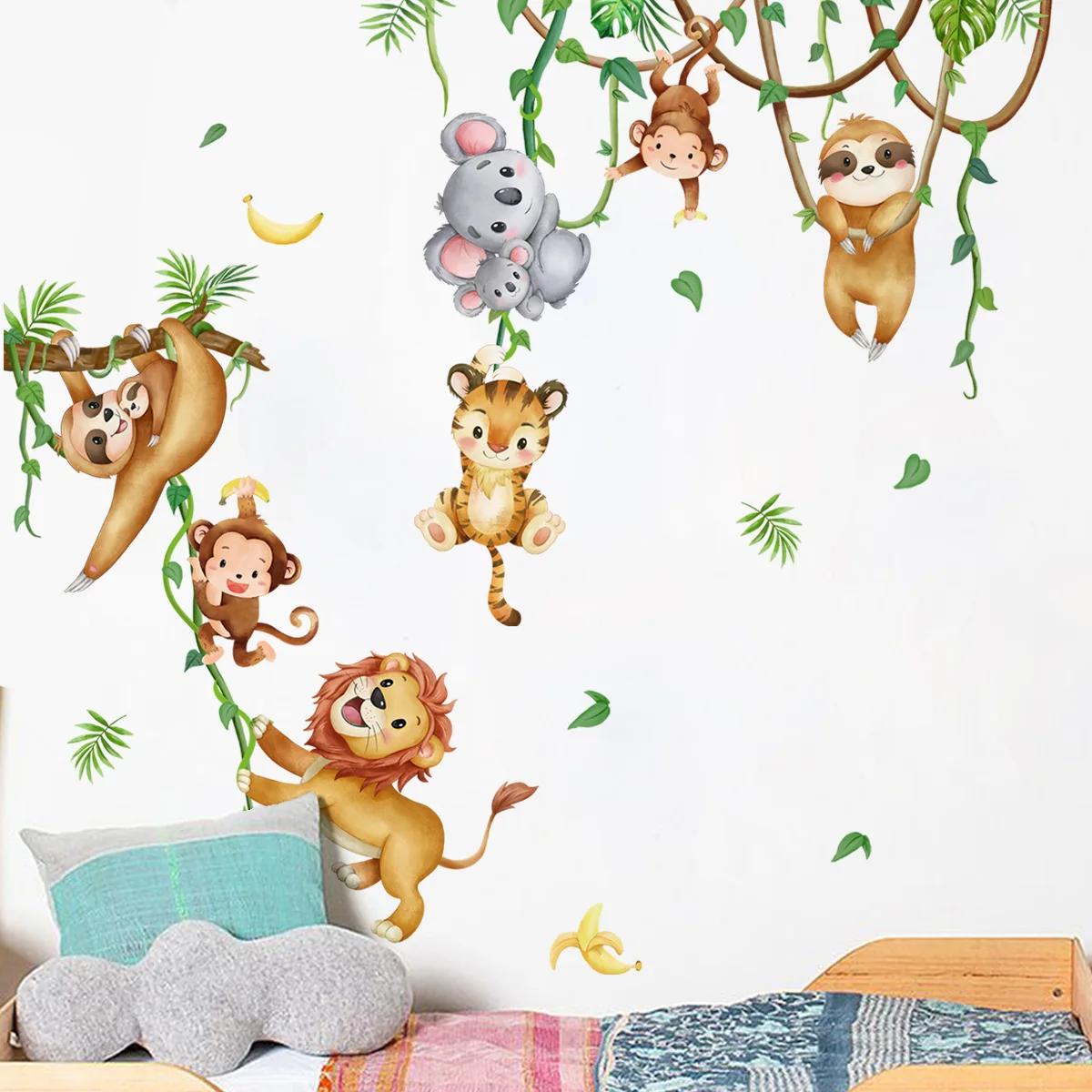 Baby Nursery Wallpaper Girl - Animali della foresta Leone Bradipo Scimmia