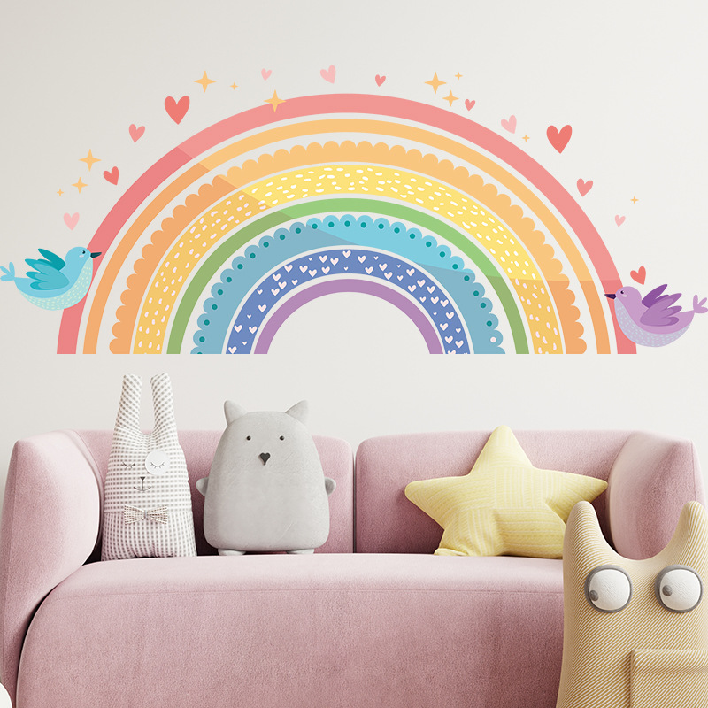 Baby Nursery Wall Mural - Adesivi Murali Colorati Arcobaleno con Uccelli